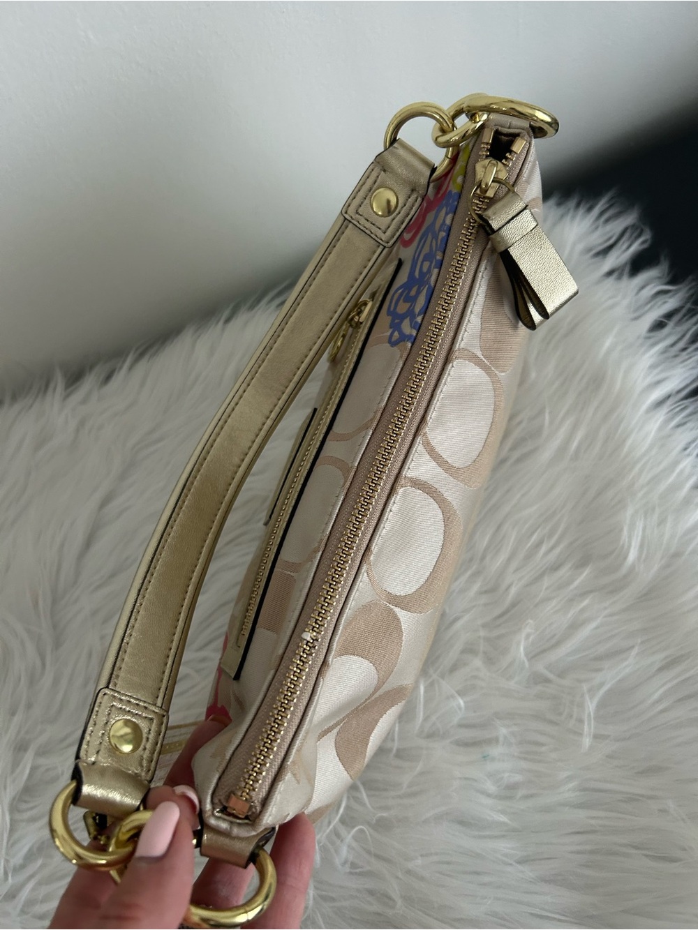 Coach Beige Signature Shoulder Bag with Pink Purple Green Floral Accents - Picture 12 of 16